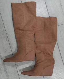 Nude wedge heel knee high long boot faux suede - Picture 1 of 4