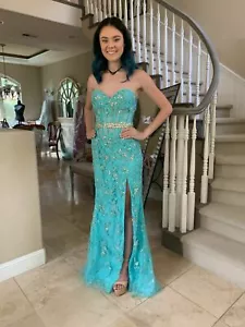 $800 NWOT TURQUOISE JOVANI PROM/PAGEANT/FORMAL DRESS/GOWN CB88868 SIZE 2 - Picture 1 of 9