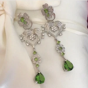 Lange Ohrhänger Sterlingsilber Art Deco Stil Laborgefertigt grüner Peridot 4 Zoll - Bild 1 von 5