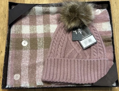 NWT Nine West Classic Plaid Scarf & Faux Fur Pom Beanie Gift Box Set Pink - Image 1 of 4