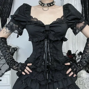 Women Gothic Blouse Lace Puff Sleeve Shirt Top Retro Ruffle Steampunk Punk - Picture 1 of 14