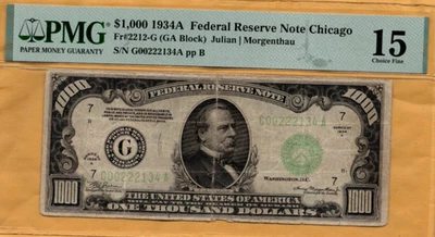 $1000 Series 1934A Federal Reserve Note in PMG Fine 15 slab Fr. 2212-G - Image 1 of 2