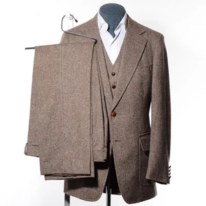 Tuta lunga 40L vintage anni 70 marrone maculato tweed lana 3 pezzi 34x32 pantaloni gilet - Foto 1 di 15