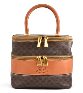 CELINE [Rank A] Macadam Vanity Bag Case Purse Brown Gold PVC Leather Authentic - Picture 1 of 20