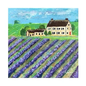 "Panel de lienzo original de Kenna campos de lavanda y granja sin marco 4"" X 4""" - Imagen 1 de 7