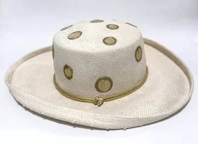 Vintage Rine Chapeaux New Orleans Hat Straw Boater Gold Cord Coin Embellishment - Image 1 of 4