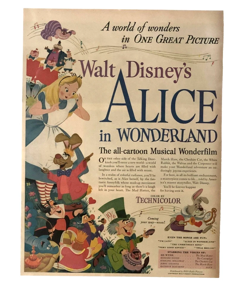 1951 Alicia en el País de las Maravillas Película Disney Publicidad Promo Musical De Colección Impresión AD Foto 1 de 1