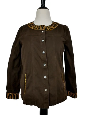 Quacker Factory Jeanne Jacket M Animal Chic Rhinestone Embellished Brown Gold - Image 1 of 4