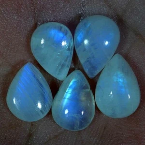 Amazing Natural Fire Rainbow Moonstone 09X13MM Pear Cabochon Gemstone 5 Pcs Lot  - Picture 1 of 54