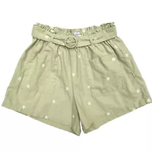 Ghanda Light Green Embroidered Daisy Elastic Waist Linen Blend Belted Shorts - S - Picture 1 of 10