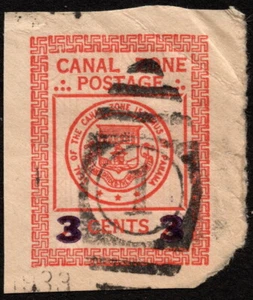 Canal Zone - 1932 - 3 Cents on 2 Cents Carmine Surcharged Cut Square # U12 F-VF - Picture 1 of 1
