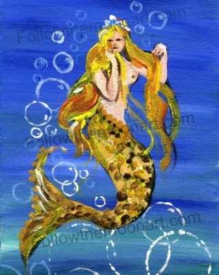 Arte de parede náutica linda bolhas loira feliz natação sereia oceano marinho - Imagem 1 de 3