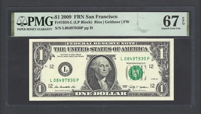 United States-Federal Reserve 1 Dollar 2009 Fr#1934-L (LP Block) UNC Grade 67 - Image 1 of 2