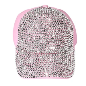 Women's Bling Studded Glam Baseball Cap Sparkly Rhinestone Adjustable Hat Pink - Picture 1 of 3
