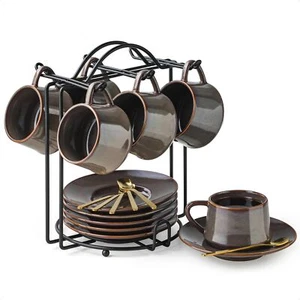 Espresso Cups 4 Oz Porcelain Coffee Cups Set of 6 Espresso Cup with Saucers M... - Picture 1 of 7