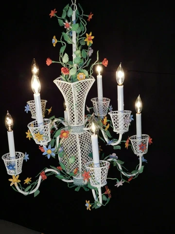 MASSIVE ANTIQUE 1940s 8 Lite Italian TOLE 2 Tiered Flower Baskets Chandelier Cover
