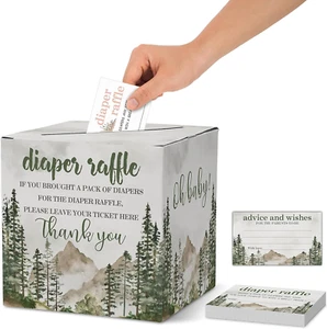 Diaper Raffle Tickets For Baby Shower, Forest Themed Baby Shower Card Box and Ad - Picture 1 of 12