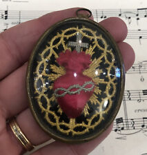 Rare Small Antique French Reliquary / Ex Voto Sacred Heart Domed Glass c1880