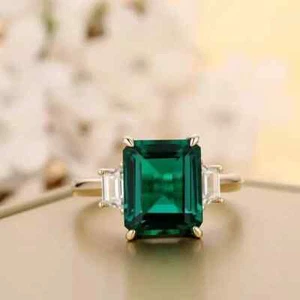 14K Yellow Gold Plated 2Ct Emerald Cut Lab-Created Green Emerald Engagement Ring - Picture 1 of 7