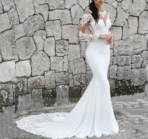Mermaid Wedding Dresses Scoop Long Sleeves Illusion Back Applique Bridal Gowns - Picture 1 of 9