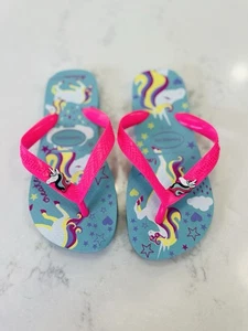 Havaianas Girls Hot Pink Purple Teal Unicorn Flip Flops Sandals Youth Size 3/4 - Picture 1 of 6