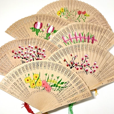 Vintage Pierced Carved Wood Folding Hand Fans Hand Painted Chinese Lot of 6 - Image 1 of 4