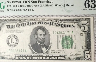 1928 B $5 Federal Reserve Note - SF PMG 63 Choice Unc Nice Off Center Rev Print  - Image 1 of 4