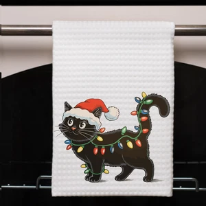 Toalla de cocina Navidad tejido gofre gato negro 16x24 decoración navideña para amante de los gatos - Imagen 1 de 16