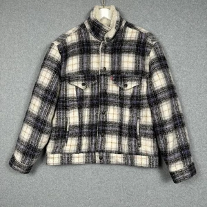 Levis Premium Trucker Jacket Mens M Vintage Fit Plaid Sherpa Tofu Chest Pockets - Picture 1 of 15