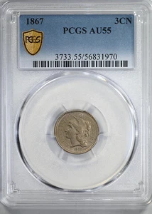 1867 Three Cent Nickel Piece 3CN PCGS AU55 - Picture 1 of 6