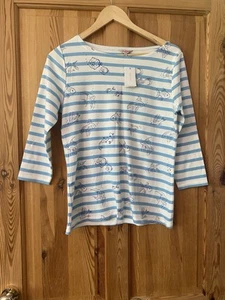 New Ladies Cath Kidston Breton Stripe Fish Print Size 12 Top . - Picture 1 of 9