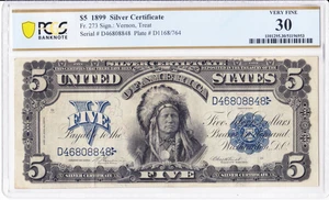 1899 $5 Silver Certificate "Indian Chief" Fr. 273 PCGS 30 Very Good - Picture 1 of 2