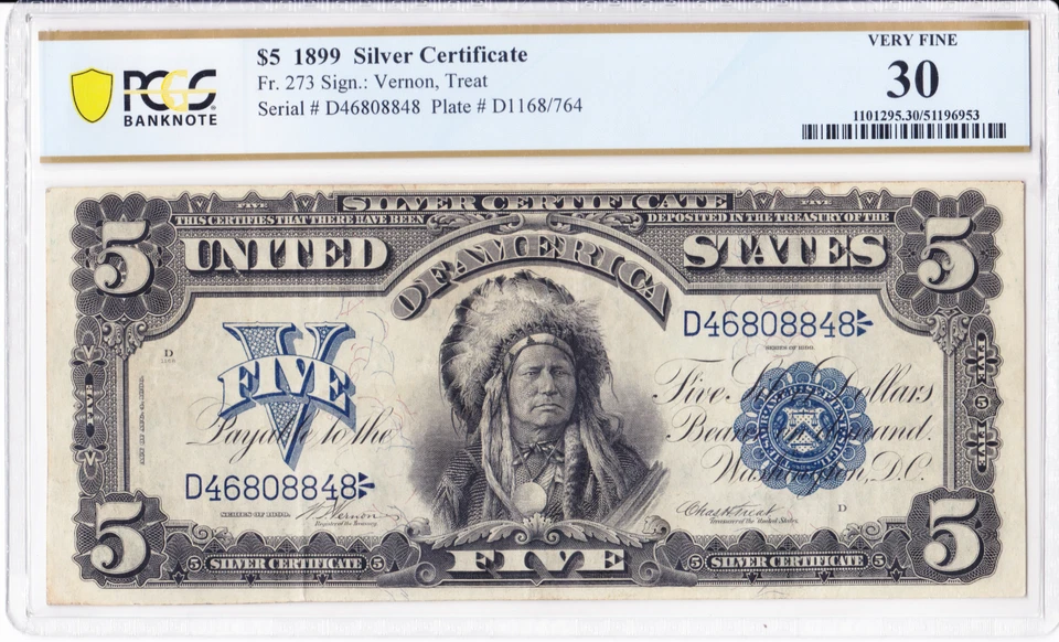 1899 $5 Silver Certificate "Indian Chief" Fr. 273 PCGS 30 Very Good - Image 1 of 2