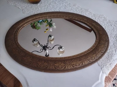 Espejo Antiguo Vintage Dorado Yeso Ovalado Madera Pared 24"x10" Floral Foto 1 de 4