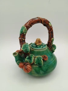 Majolica Teapot with 3D Frog, Pumpkins, Leaves And Vines — Artsy Tea Kettle - Picture 1 of 16