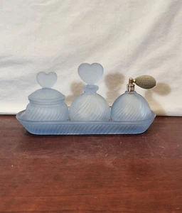 Vintage Art Deco 4 Piece Blue Frosted Glass Swirls Pattern Dressing Table Set - Picture 1 of 11