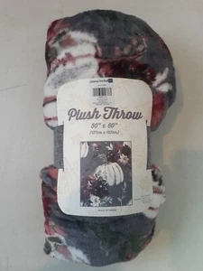 Plush Throw Fall Pumpkin Farmhouse Throw Blanket 50"x60" Soft Grey White Maroon - Picture 1 of 4