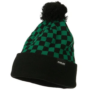 Green & Black Pom Pom Ski Checker Winter Skull Warm Cuffed Long Knit Beanie Hat - Picture 1 of 2