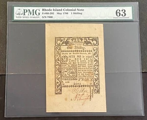 Rhode Island Shilling of 1786 by (Major) S. Allen PMG 63 with Great Serial 7800 - Picture 1 of 2