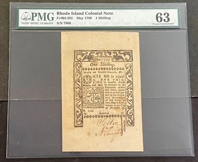 Rhode Island Shilling of 1786 by (Major) S. Allen PMG 63 with Great Serial 7800 - Image 1 of 2