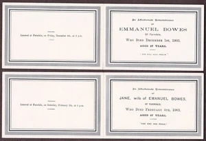 Emmanuel Bowes & Ehefrau Jane Hebron (2) UK Memorial Beerdigung Karten (1903) - Bild 1 von 2