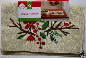 Christmas Embroidered Holly Cream & Gold Sprig Table Runner 14x72 in NWT - Picture 1 of 1