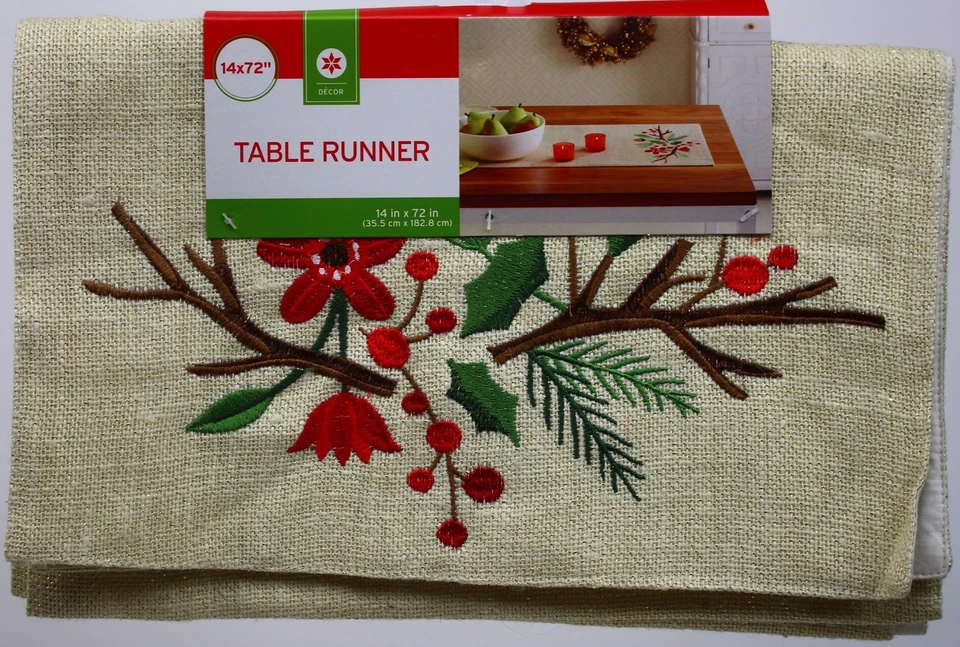 Christmas Embroidered Holly Cream & Gold Sprig Table Runner 14x72 in NWT - Image 1 of 1