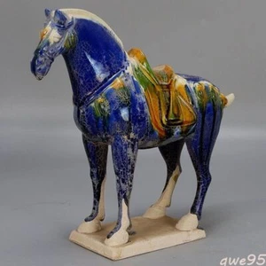 9" Chinese Tang Tri-Color Glazed Ceramics Blue War Horse Porcelain Statue Gift - Picture 1 of 11