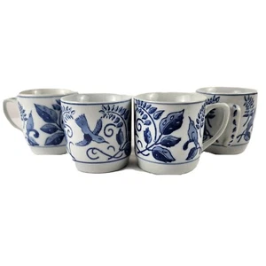I D G - Set of four 4 Vintage Hand Painted Blue Floral with Birds on Coffee Cups - Picture 1 of 10