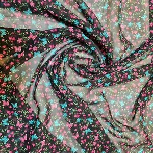 Sheer Crepe Fabric Chiffon Black /Pink Butterfly Soft Dress Craft Material 58" - Picture 1 of 4