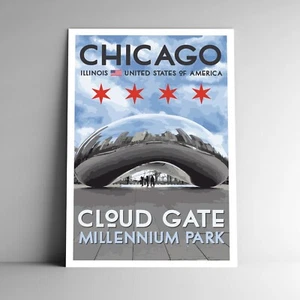 Chicago Travel Poster Postcard Cloud Gate The Bean United States Multiple Sizes - Picture 1 of 4