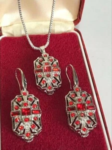 Art Deco Style Geometric Ruby Red Baguette Crystal Drop Earrings & Necklace Set - Picture 1 of 13