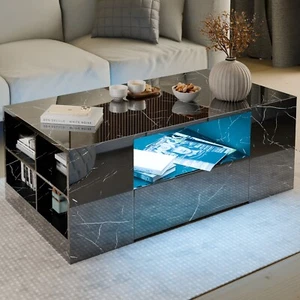 LED Coffee Table Wooden 2 Drawer Storage High Gloss Modern Living Room Furniture - Picture 1 of 57