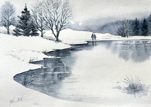 Original Watercolor Painting A4 winter people walking lake forest snow field - Picture 1 of 8